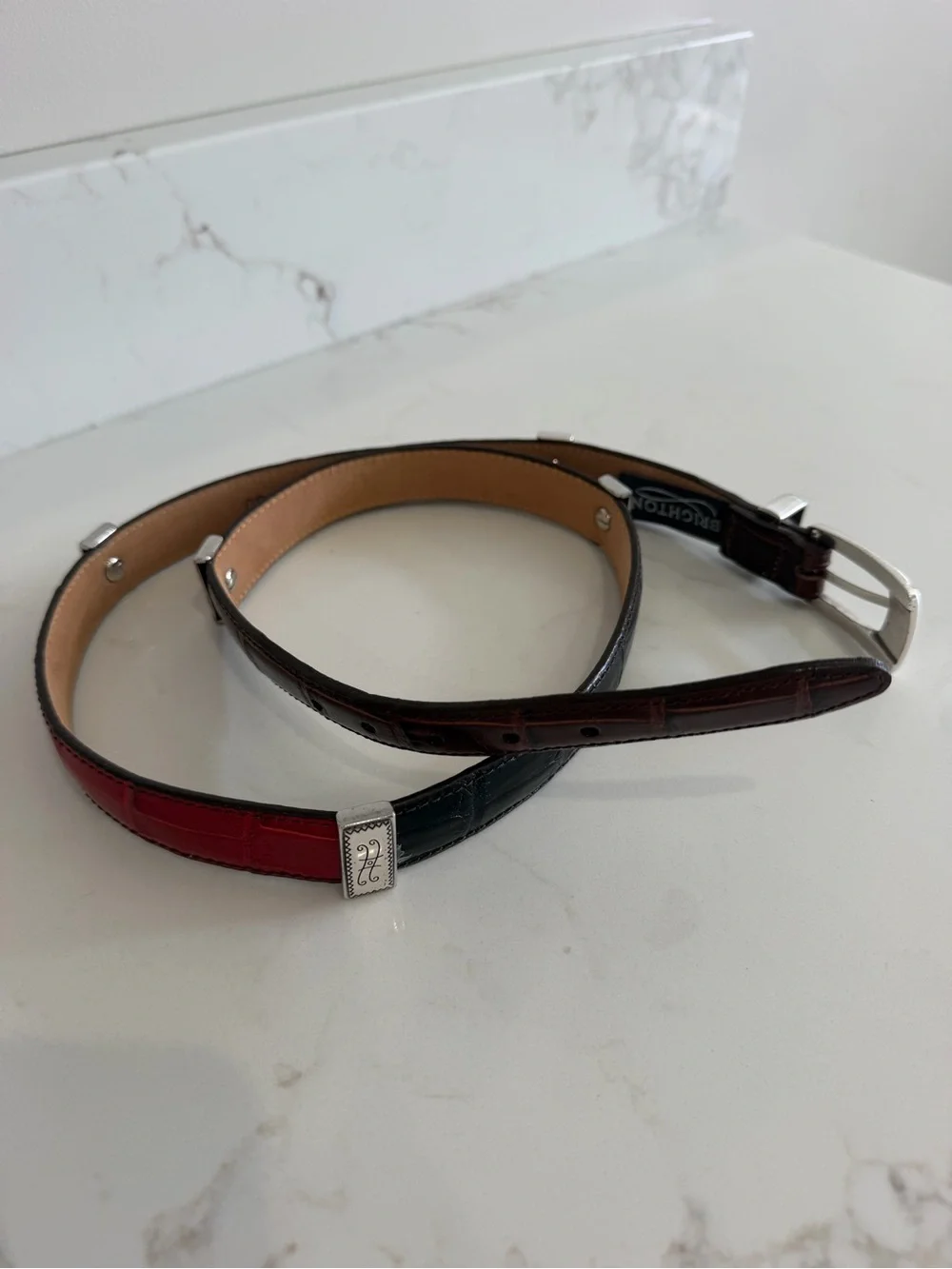 Vintage Brighton Multicolor Croco Embossed Leather Panel Belt Red Black Brown XL